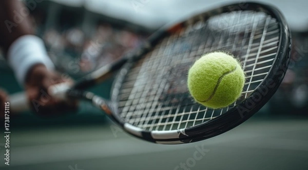 Fototapeta Tennis Racket with Green Ball during Match Action and Blurred Crowd Background
