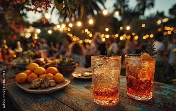 Fototapeta Two Cocktails on a Rustic Table with Lit String Lights Blurred Background and Group Gathering at Dusk