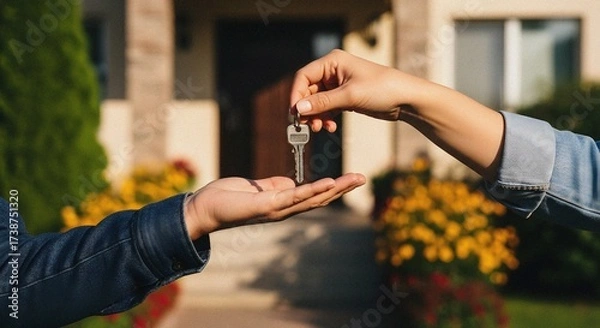 Obraz Hands Exchanging Keys in Front of Apartment Entrance Symbolizing Home Ownership – Warm Daylight Scene with Blurred Garden and Natural Light