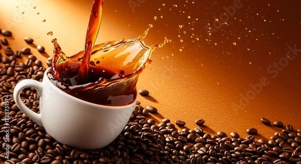 Fototapeta Coffee splash in a white cup with coffee beans on a brown background with splash