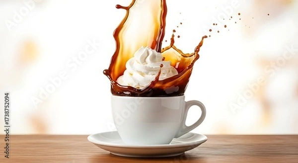 Fototapeta Coffee splash with whipped cream in a white cup on a wooden table against a blurred background
