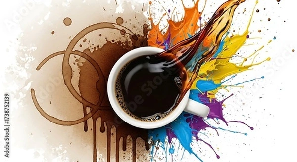 Fototapeta Coffee cup with colorful paint splash and coffee stain rings isolated on white background