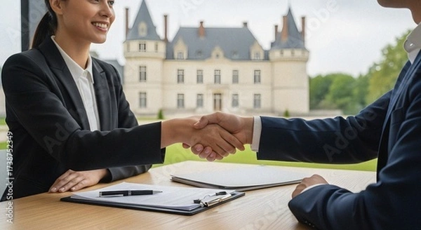 Obraz Real Estate Deal Handshake Over House Model, Contract, and Keys on Office Desk – Home Sale Agreement with Agent and Client Concept