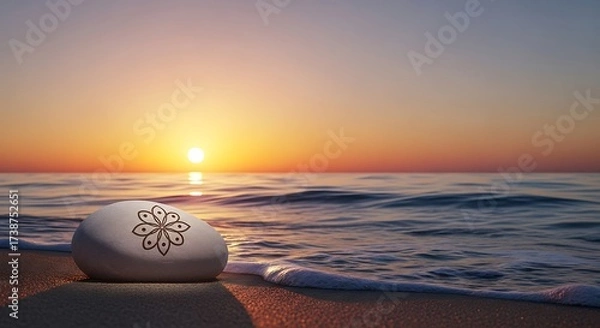 Fototapeta A zen stone with a flower symbol on a beach at sunset with a beautiful orange sky