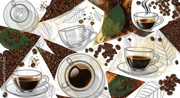 Fototapeta A delightful coffee collage featuring steaming cups, coffee beans, and artistic leaf sketches on white background