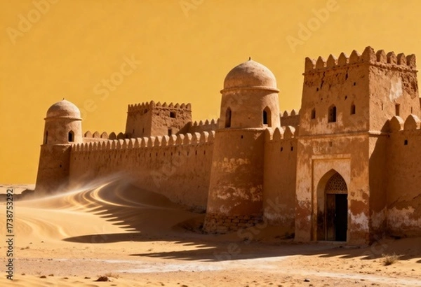 Fototapeta Ancient desert fortress with domes and walls against a vivid orange sky, sand blowing