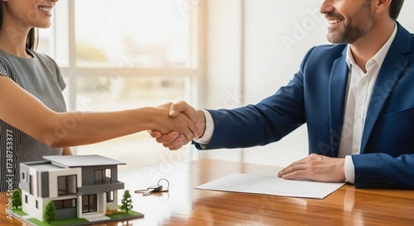 Obraz Real Estate Deal Handshake Over House Model, Contract, and Keys on Office Desk – Home Sale Agreement with Agent and Client Concept