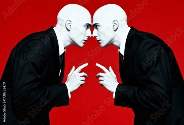 Fototapeta Two bald men in dark suits face each other, almost touching fingertips.