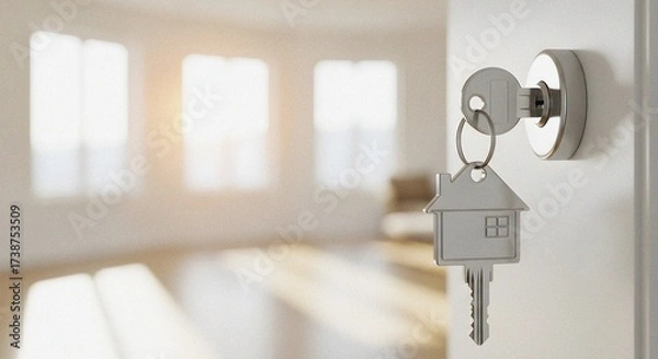 Obraz House-Shaped Key Fob on Silver Door Lock Against White Wall – Sunlit Empty Room Symbolizing New Home Transition