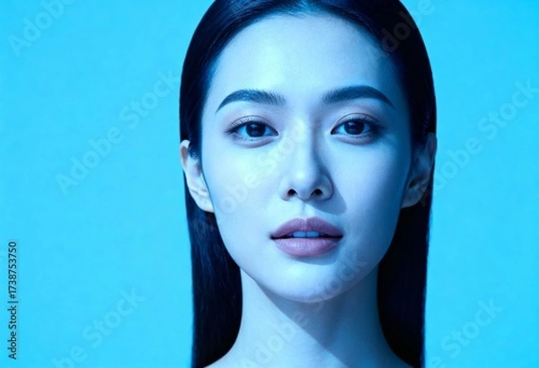 Fototapeta Close-up of a young woman's face with serene expression under blue light