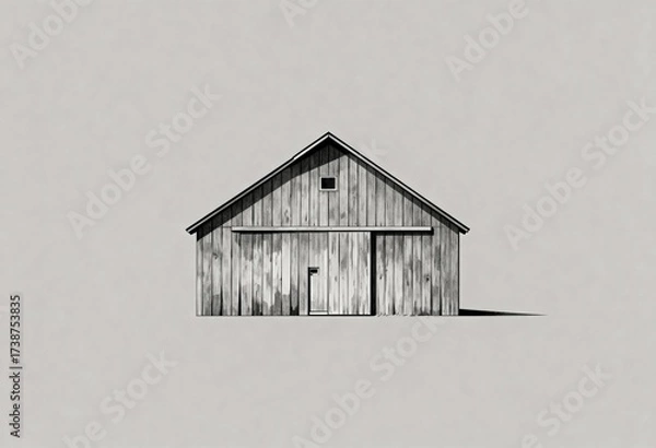 Fototapeta A monochromatic illustration of a rustic wooden barn with a gabled roof and sliding door