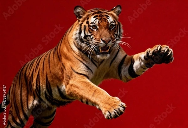 Fototapeta Powerful striped tiger captured mid-air in a dynamic pounce