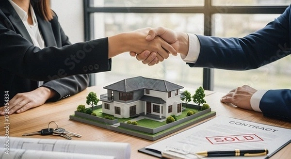 Obraz Real Estate Deal Handshake Over House Model, Contract, and Keys on Office Desk – Home Sale Agreement with Agent and Client Concept