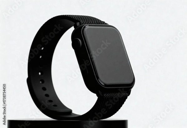 Fototapeta Sleek black smartwatch with metallic and silicone bands on a display stand