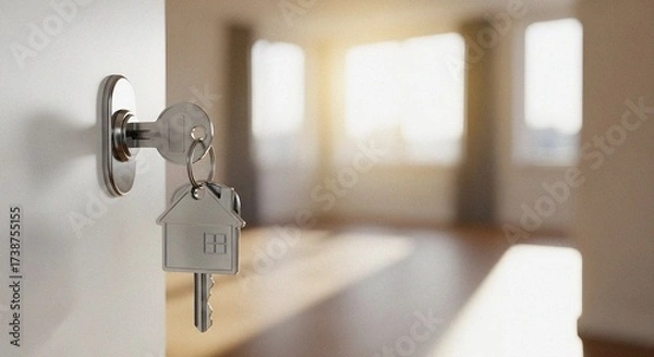 Obraz House-Shaped Key Fob on Silver Door Lock Against White Wall – Sunlit Empty Room Symbolizing New Home Transition