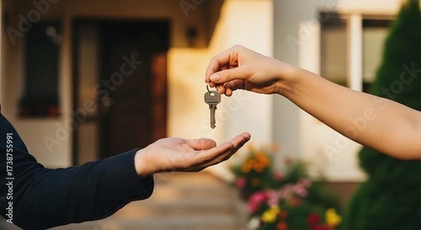Obraz Hands Exchanging Keys in Front of Apartment Entrance Symbolizing Home Ownership – Warm Daylight Scene with Blurred Garden and Natural Light