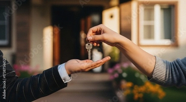 Obraz Hands Exchanging Keys in Front of Apartment Entrance Symbolizing Home Ownership – Warm Daylight Scene with Blurred Garden and Natural Light