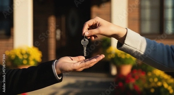 Obraz Hands Exchanging Keys in Front of Apartment Entrance Symbolizing Home Ownership – Warm Daylight Scene with Blurred Garden and Natural Light