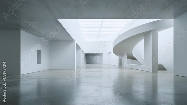 Obraz Minimalist White Interior with Spiral Staircase and Polished Floor, Architectural Design.