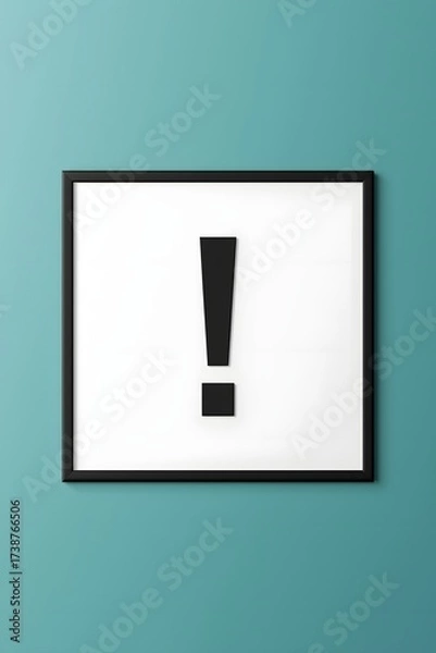 Fototapeta Minimal framed artwork of a bold black exclamation mark on a white background hanging on turquoise wall, representing attention, alert, creativity, design symbol, communication, and modern graphic art