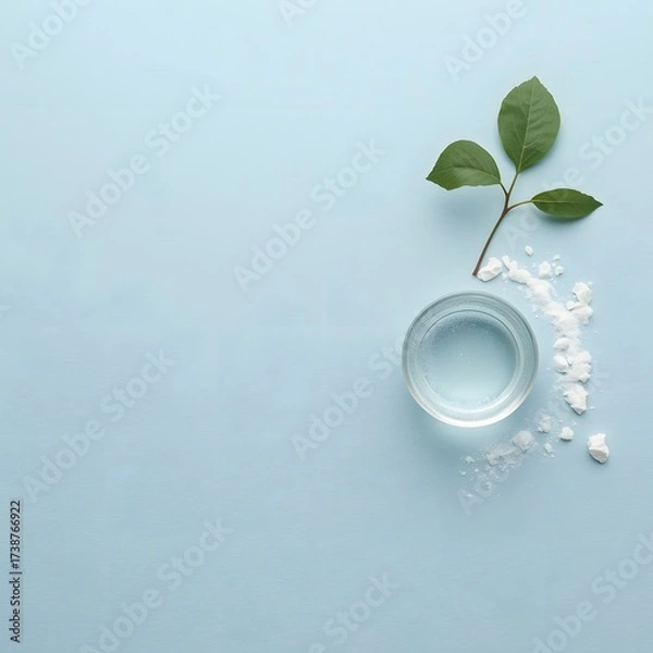 Fototapeta Top view of glass water cup with ice cubes and green leaves on light blue background, symbolizing freshness, hydration, purity, and clean natural wellness concept for health, spa, and eco-friendly des