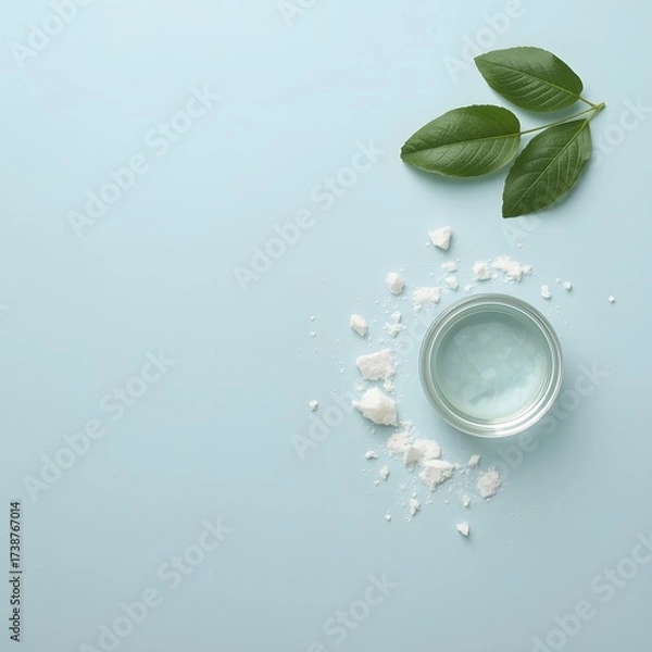 Obraz Top view of glass water cup with ice cubes and green leaves on light blue background, symbolizing freshness, hydration, purity, and clean natural wellness concept for health, spa, and eco-friendly des