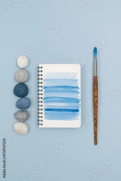 Fototapeta Top view of watercolor notebook with blue paint strokes, surrounded by brush and smooth stones on pastel blue background, symbolizing creativity, art inspiration, calm design concept, and minimalist w
