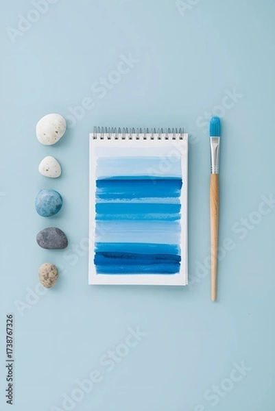 Fototapeta Top view of watercolor notebook with blue paint strokes, surrounded by brush and smooth stones on pastel blue background, symbolizing creativity, art inspiration, calm design concept, and minimalist w