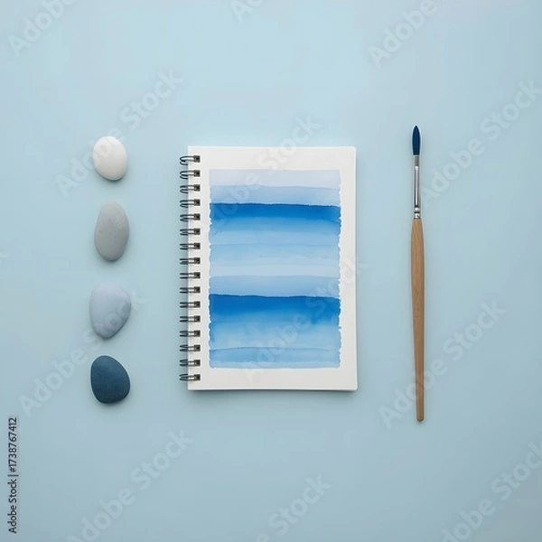 Fototapeta Top view of watercolor notebook with blue paint strokes, surrounded by brush and smooth stones on pastel blue background, symbolizing creativity, art inspiration, calm design concept, and minimalist w