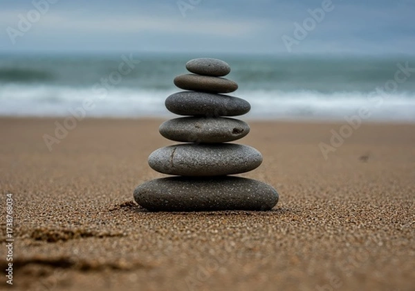 Fototapeta Zen Stones on Beach: Serene image of stacked stones, a symbol of balance and tranquility, positioned on the soft sands of a peaceful beach with ocean vista