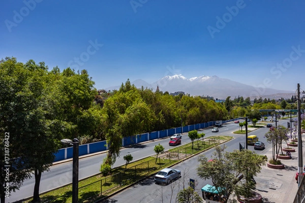 Fototapeta Photographs of the Arequipa viewpoint, mountains in the White City of Peru, panoramic view of the Misti and Chachani volcanoes, perfect for postcards.