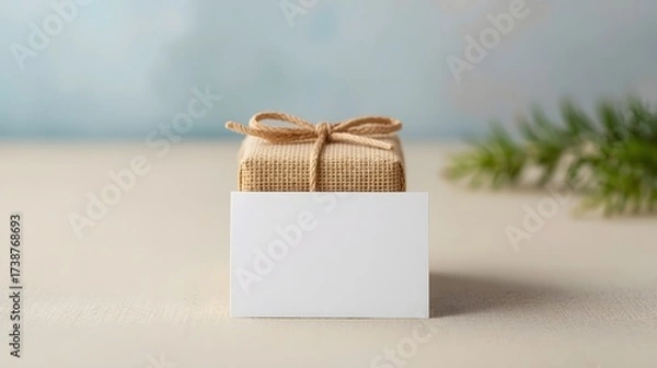 Fototapeta Minimalist scene with a small gift wrapped in natural burlap and twine beside a blank white card on soft background, ideal for greeting, invitation, celebration, or product mockup presentation design