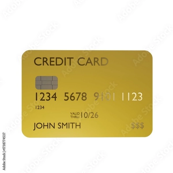 Obraz 3D render of a yellow credit card with embossed numbers and chip, symbolizing online banking, cashless payments, e-commerce, and financial services. Perfect for fintech concepts, digital wallets.