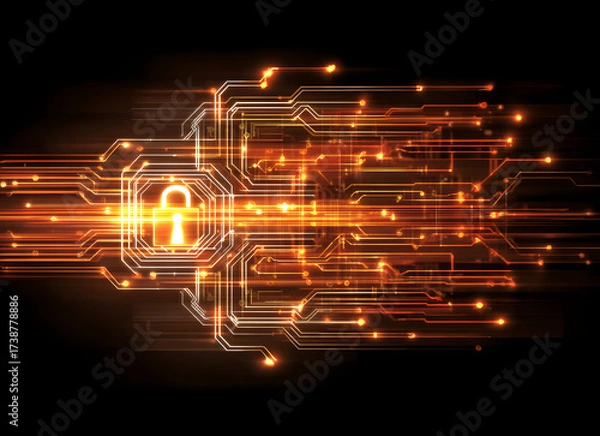 Fototapeta A digital representation of a secure network, featuring a padlock and circuit patterns, symbolizing data protection and cybersecurity.