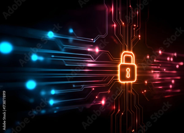 Fototapeta A glowing padlock symbol at the center, surrounded by vibrant blue and pink digital circuit lines on a dark background, representing cybersecurity and protection.