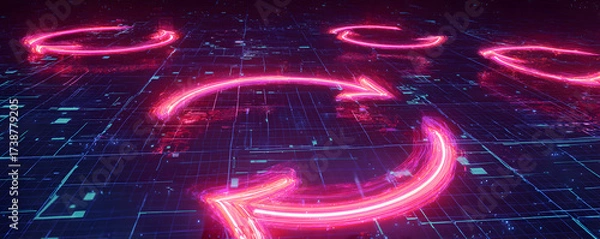 Fototapeta A futuristic digital landscape with glowing pink circular arrows, suggesting movement and connectivity across a grid-like background.