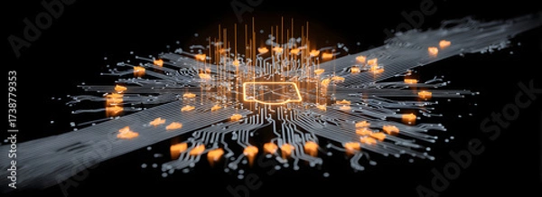 Fototapeta A futuristic circuit board design showcasing a central processor with glowing elements, symbolizing technology and connectivity.
