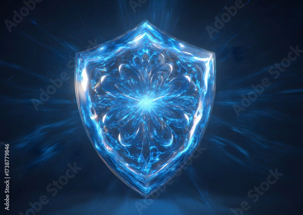 Fototapeta A luminous, intricate shield design radiates blue light against a dark background, symbolizing protection and energy.