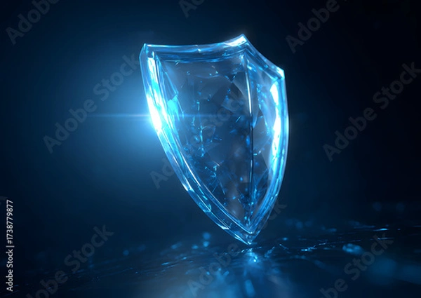 Fototapeta A glowing, translucent shield in a dark background, symbolizing protection and strength with a crystalline texture.