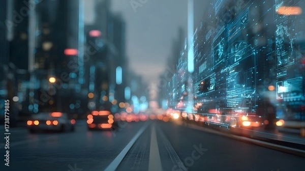 Fototapeta Illuminated city street at dusk features blurred background with lights, cars, and a digital overlay.