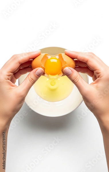 Obraz Top View of Woman’s Hands Cracking Egg into Bowl – High-Contrast Studio Advertising Style on White Background
