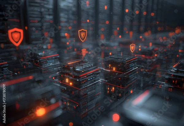 Fototapeta A futuristic digital landscape featuring interconnected structures with glowing elements, representing advanced technology and data security.
