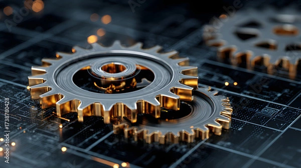 Fototapeta A close-up of metallic gears interlocked on a digital circuit background, symbolizing technology and machinery.