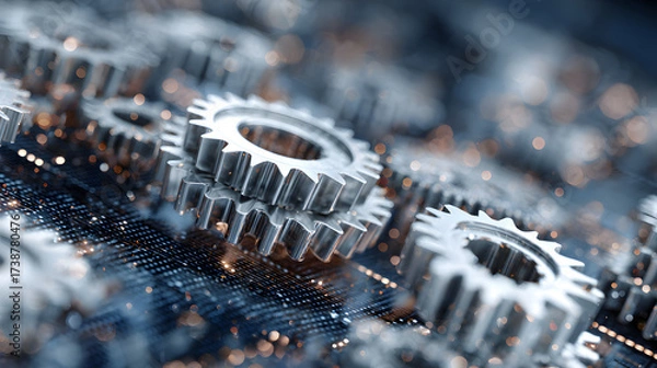 Fototapeta Close-up of metallic gears, highlighting intricate details and textures, creating a dynamic industrial aesthetic with a blurred background.
