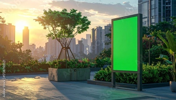 Fototapeta Green Screen Billboard in Urban Setting at Sunset