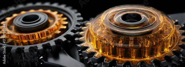 Fototapeta A close-up of interlocking gears with a shiny, amber-like appearance, showcasing mechanical intricacy and design.