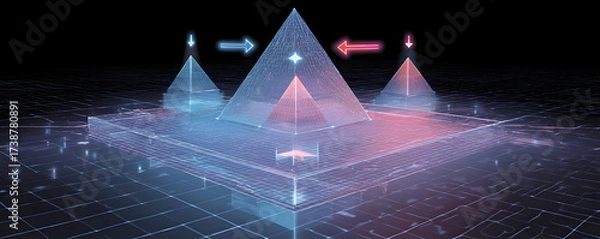 Fototapeta A digital representation of pyramids with glowing edges and a grid background, suggesting themes of technology and geometry.