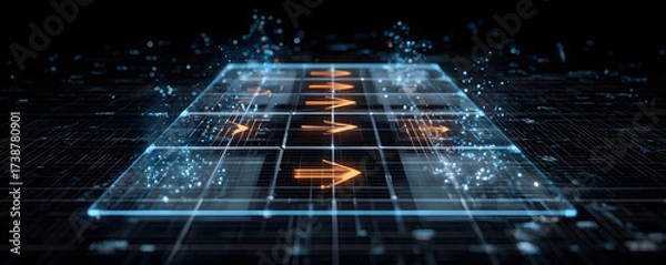 Fototapeta An abstract representation of a digital interface with illuminated directional arrows and dynamic water-like effects, set against a dark background.