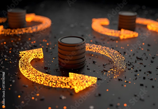 Fototapeta A visually striking image featuring glowing arrows around a central stack of coins, symbolizing currency flow and financial concepts in a digital environment.