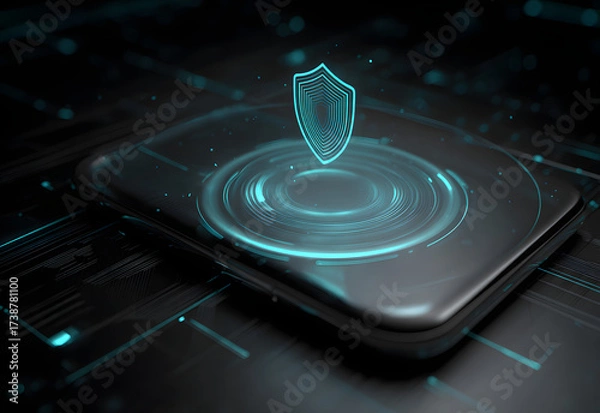 Fototapeta A sleek smartphone displays a vibrant, digital shield graphic, symbolizing cybersecurity and protection in a high-tech environment.